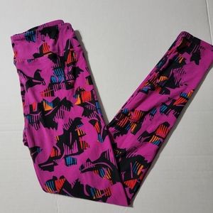 💚 Lularoe Leggings Purple & Black with Multi Color Size One‎ Size